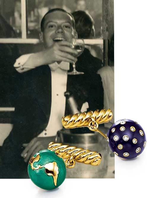 Cole Porter in Paris, circa 1920, with overlay of Night and Day Cufflinks made by Verdura